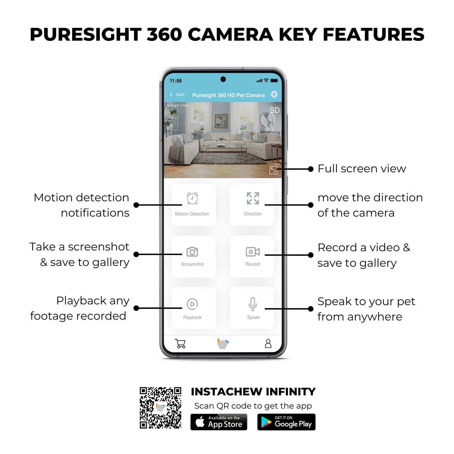Purrsight 360° Smart Wireless Pet Camera - 1080P HD Video, 2-Way Audio & Mobile App for Indoor Security